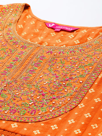 Varanga Women Orange Mirror and Thread Embroidered, Zari Embellished Scalloped Schiffli Anarkali Kurta Paired With Printed Bottom and Embroidered Dupatta